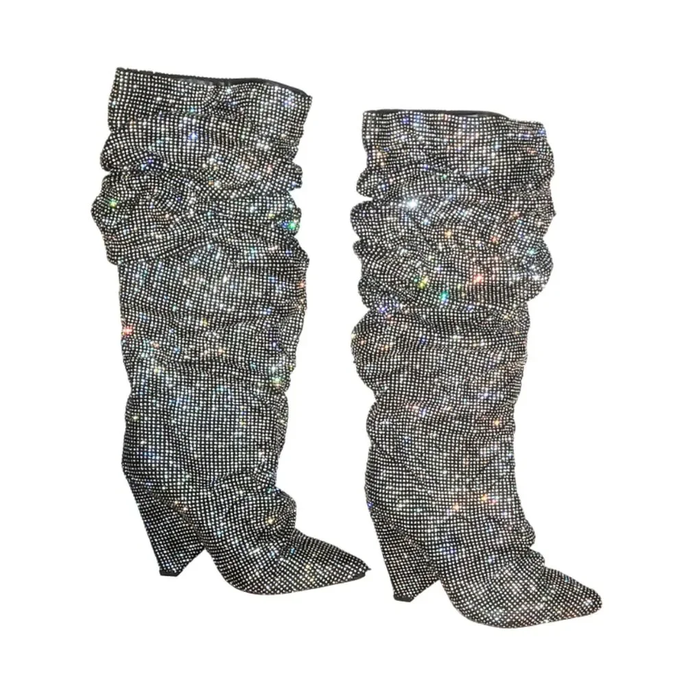 Olivaceous Rhinestone Slouch Over Knee Boots Crystal Sparkle Women's Size 6.5